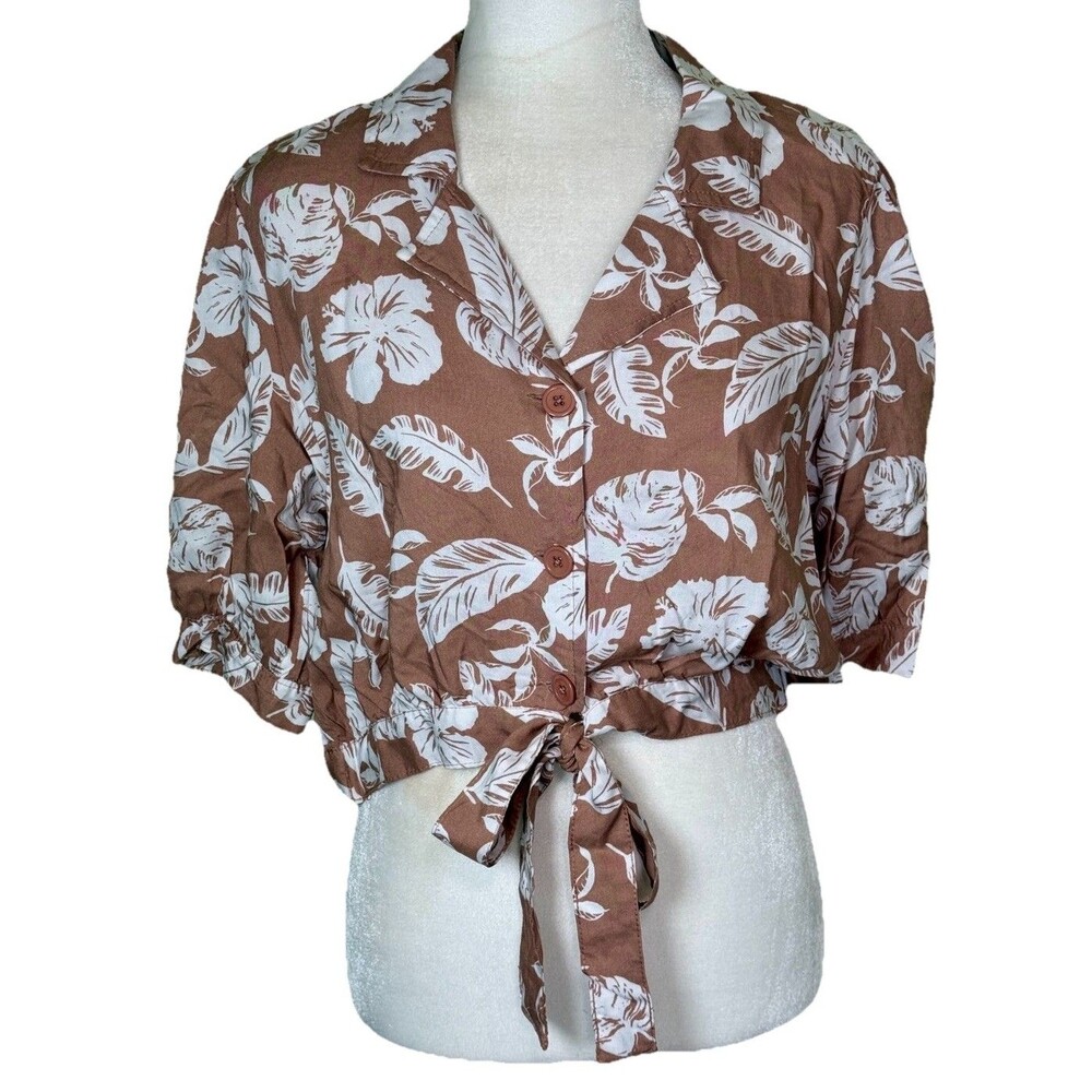 Women Hawaiian Style Floral‎ Palm Leaf Button Up Tie Waist Crop Top Vacation XL